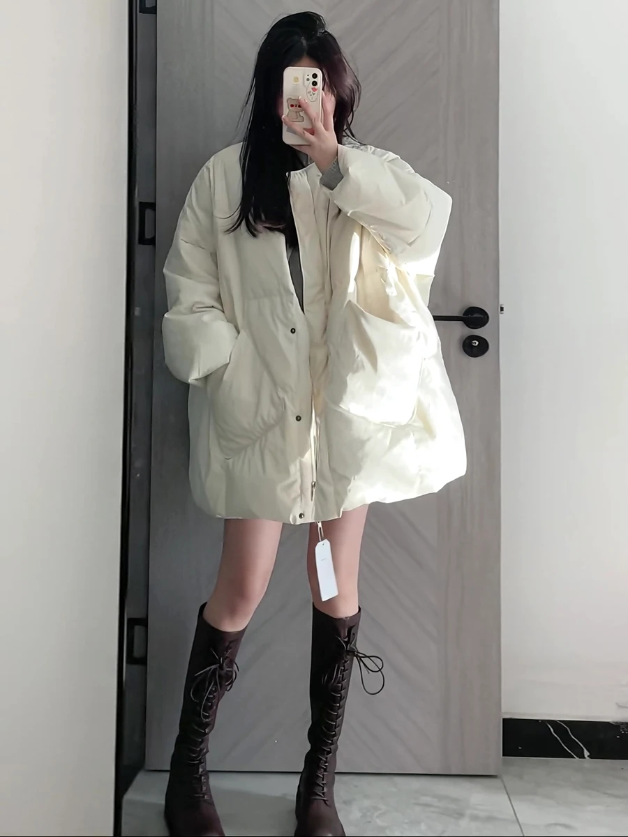 

Women's White Down Puffer Jackets Winter Korean Fashion Warm Bubble Thickening Female Pocket Coat Cotton Padded Outwear Parkas