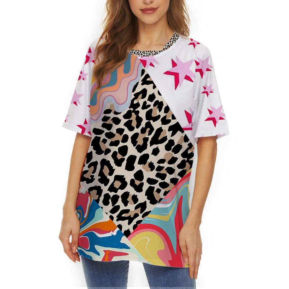 

Женский топ с коротким рукавом, оригинальная креативная футболка с U-образным вырезом и леопардовым принтом, новая летняя модная футболка с коротким рукавом