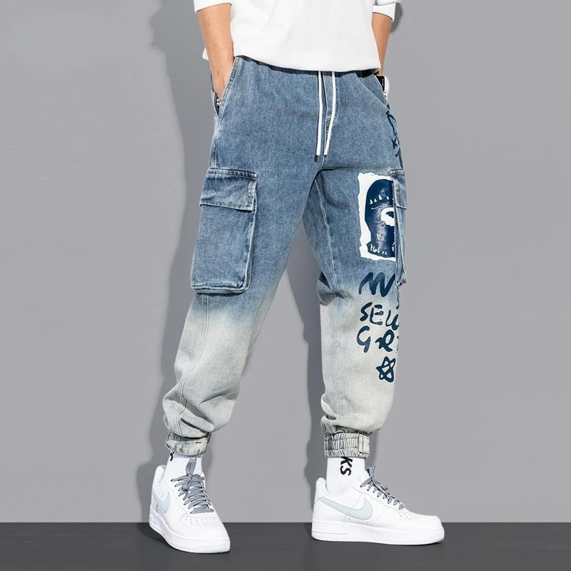 

HOUZHOU Graffiti Jeans Cargo Jeans Pants Print Denim Trousers Male Harajuku Autumn Blue Korean Streetwear Hip Hop Hippie 5XL
