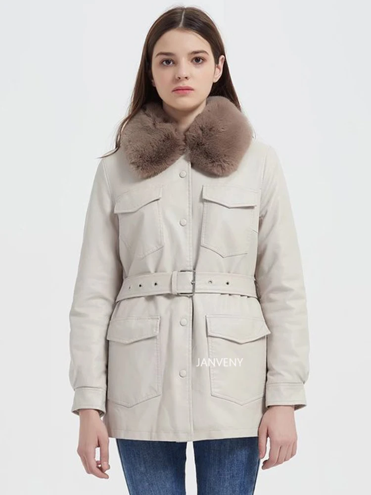 2022 Newest Winter Women Large Fur Collar Faux Leather Jacket Fashion Slim Fit Thick Waist Plus Velvet Pu Leather Snow Overcoat