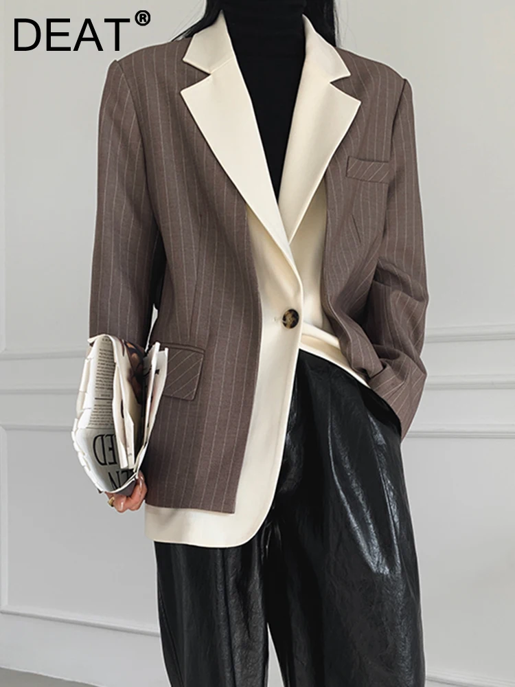 

DEAT Fashion Women's Blazer Notched Collar Single Button Contrasting Colors Spliced Strpied Suit Jackets Autumn 2023 New 17A9785