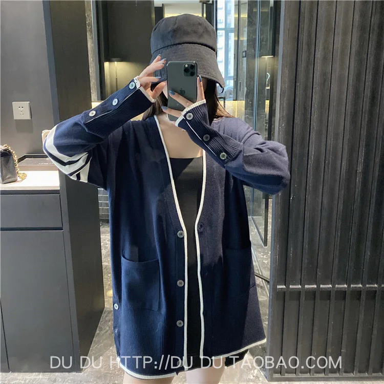 

Spring 2022 New Loose Casual Four Stripe Medium Long V-neck TB Style Knitted Cardigan Coat for Women