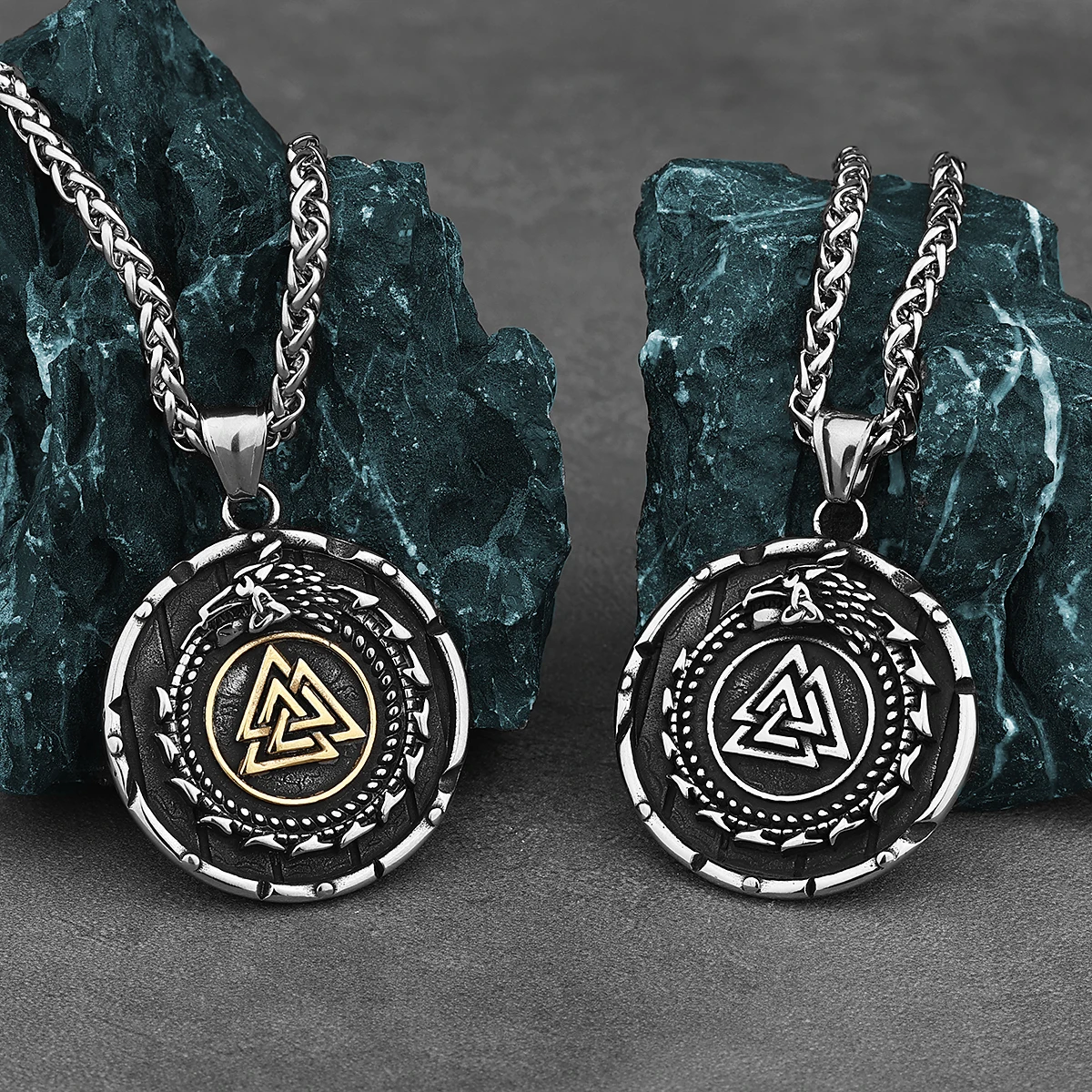 

Nordic Gold Viking Ouroboros Dragon Pendant Men's Odin Triangle Rune Stainless Steel Pendant Necklace Scandinavian Jewelry Gift