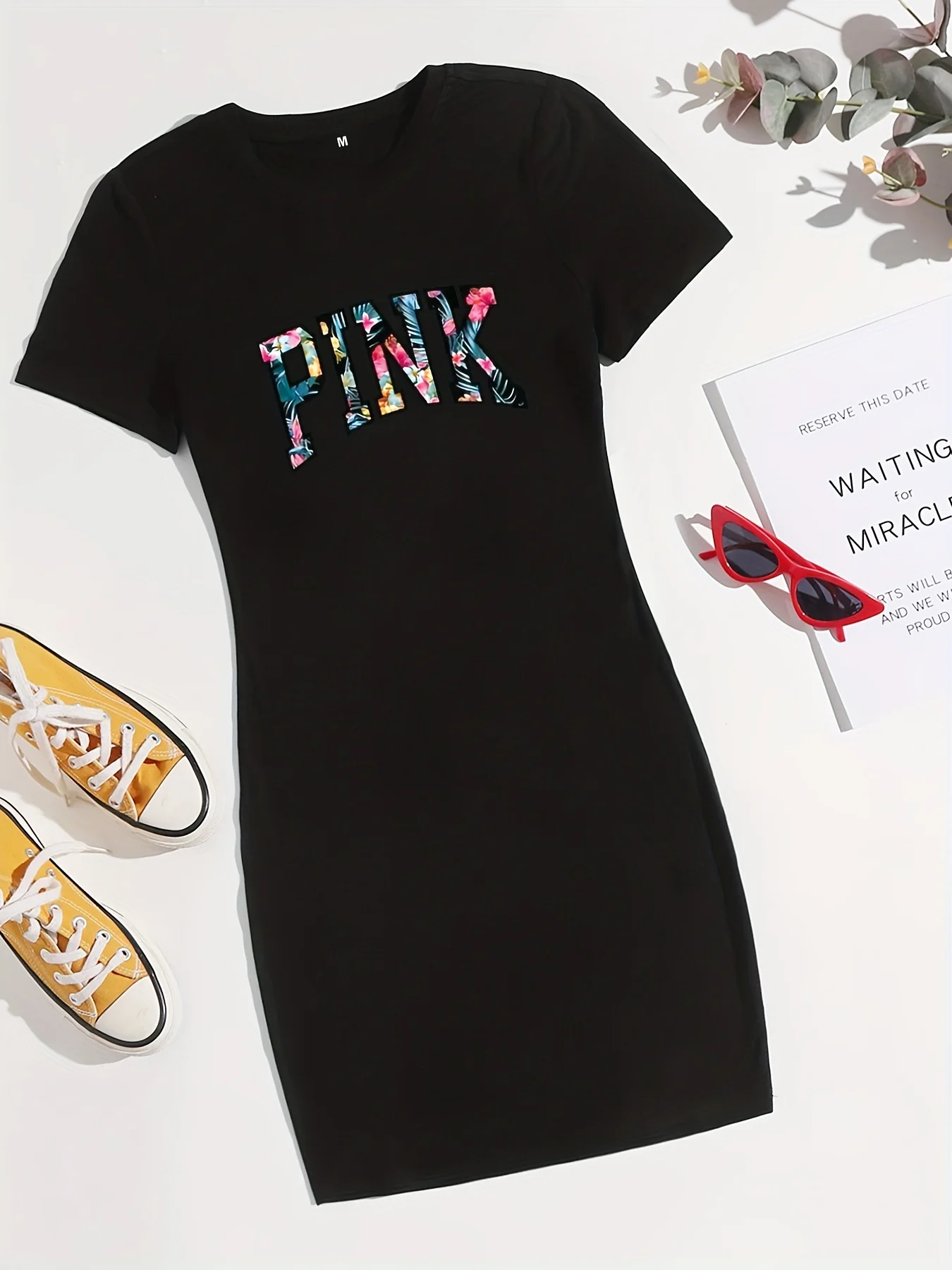 

Tropical Letter Print Tee Dress, Short Sleeve Crew Neck Casual Dress For Spring & Summer, Women's Clothing