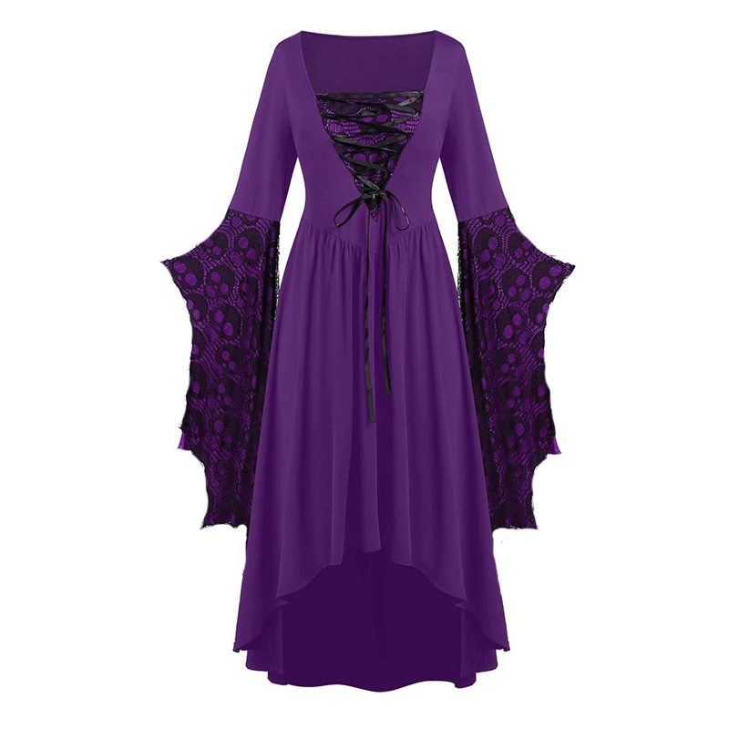 

Party Dress Halloween Clotes for Women Lace Tie Irregular Vintage Ruffle Sleeve Dress Cosplay Witch Long Dresses