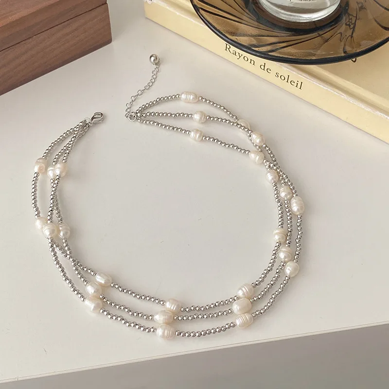 

Minar Delicate Freshwater Pearl Choker Necklaces for Women Multi Layers Silver Color Beads Strand Stainless Steel Necklace Gift