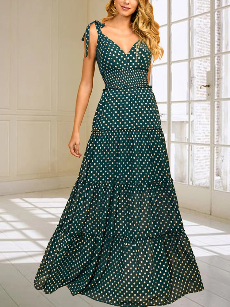 

New Polka Dot Pattern Boho Long Dress Sexy Women Deep V-neck Bow Tie Sling Beach Dress Summer Elegant Waist Pleat Party Dress