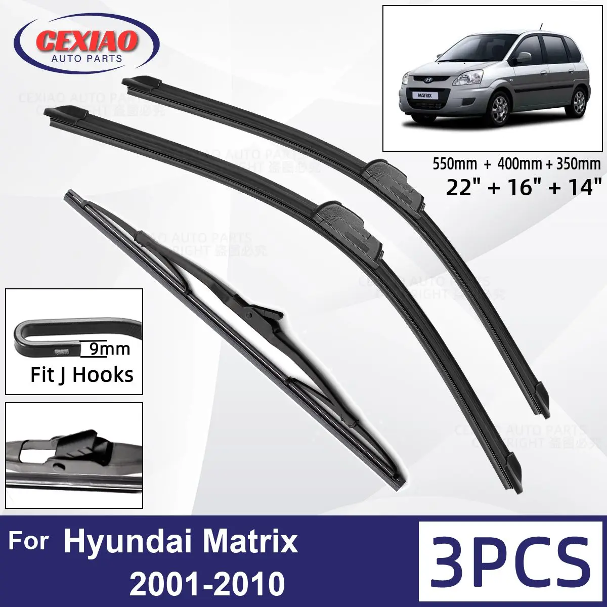 

For Hyundai Matrix 2001-2010 Car Front Rear Wiper Blades Soft Rubber Windscreen Wipers Auto Windshield 22"+16"14" 2007 2008 2009