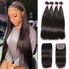 Vallbest прямые пряди волос с закрытием индийские человеческие волосы 3 пряди с закрытием Remy волосы для наращивания свободная часть кружева