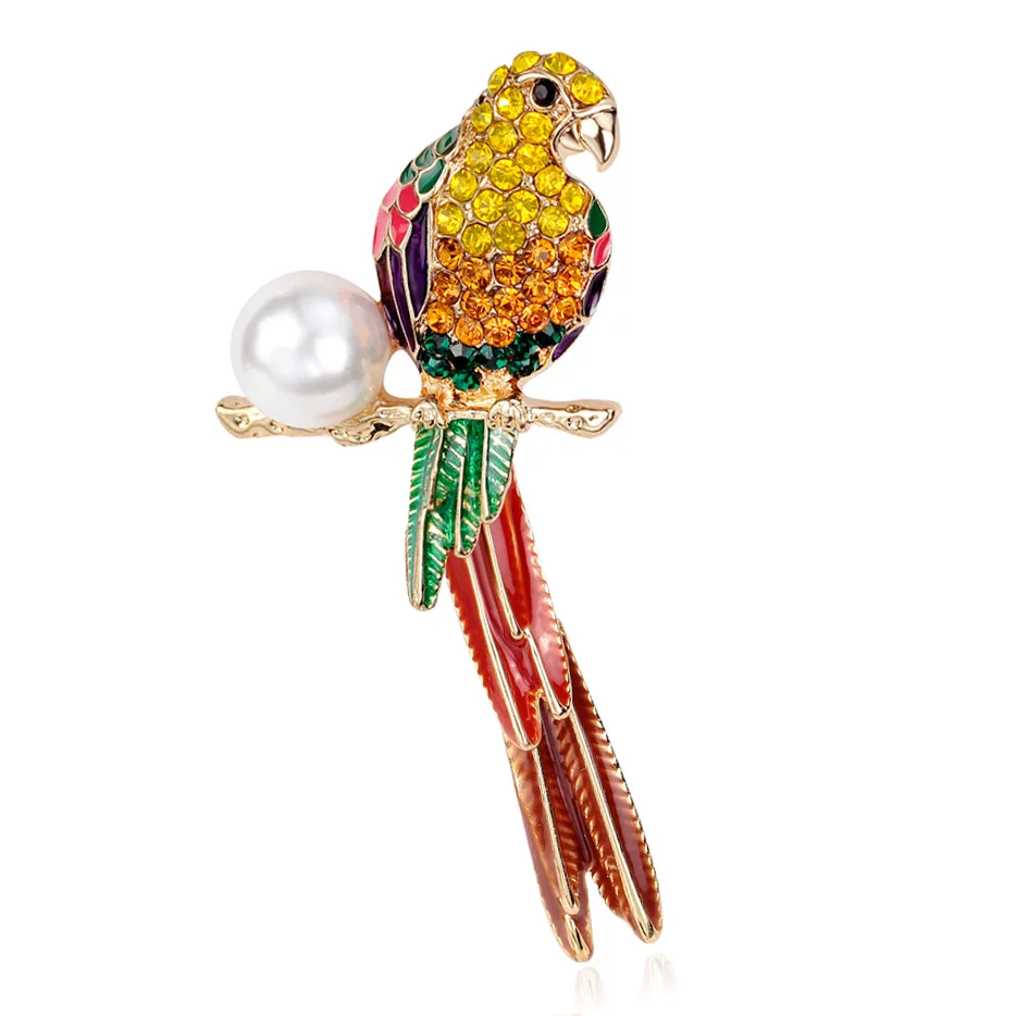 

TULX Colorful Enamel Parrot Brooches For Women Delicate Rhinestone Pearl Animal Bird Brooch Pins Dress Accessories