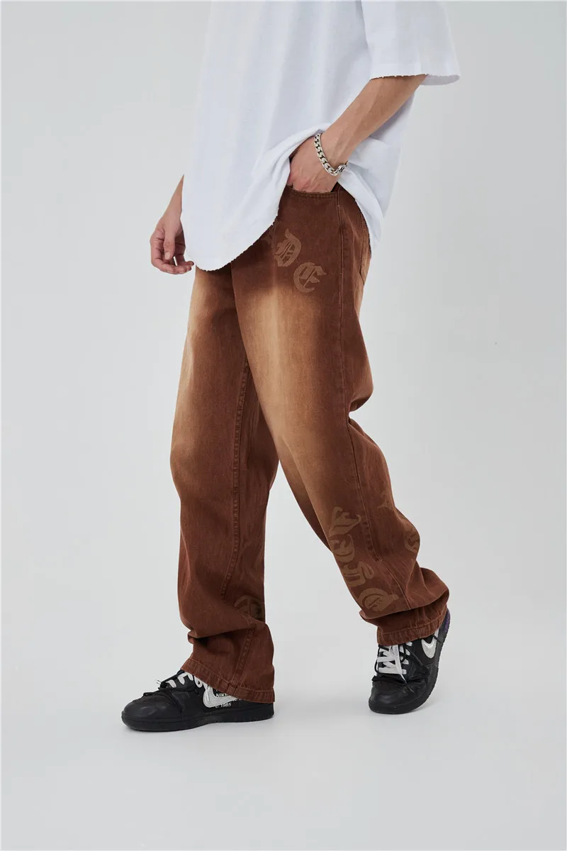 Hip Hip Streetwear Denim Straight Pants 2022 Mens Harajuku Letter Printed Cotton Casual Joggers Jeans Trousers Pants Jean Men
