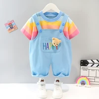 designer baby boy summer clothes korean fashion cartoon striped t shirts tops and overalls girl outfit set kids bebes tracksuits
