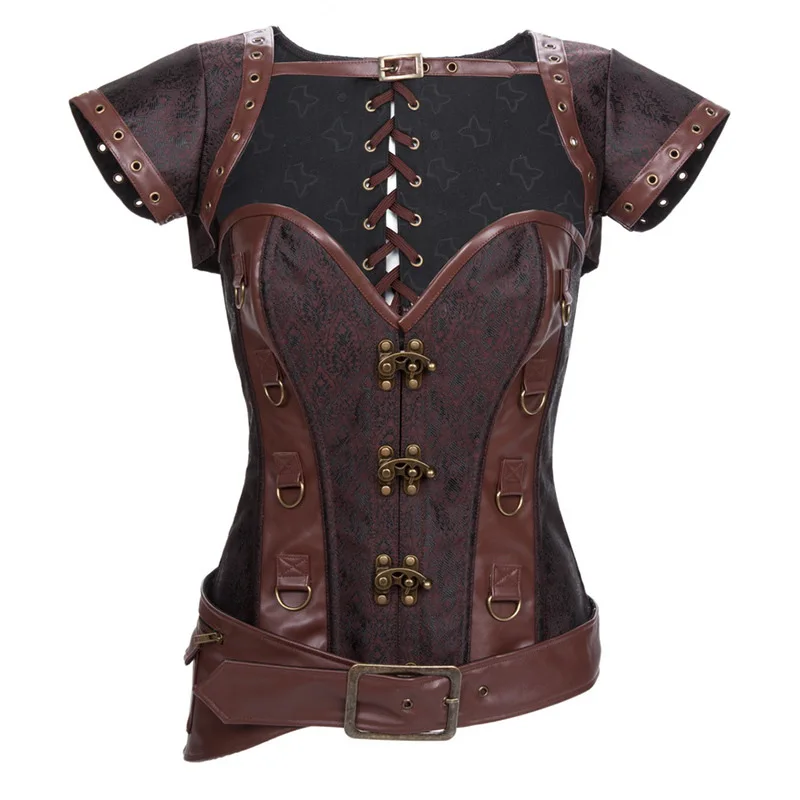

European and American Gothic Brown Steel Rib Waist Girdling Belly Contraction Corset Corset Vest Strap Punk Shapewear 2 PC Set