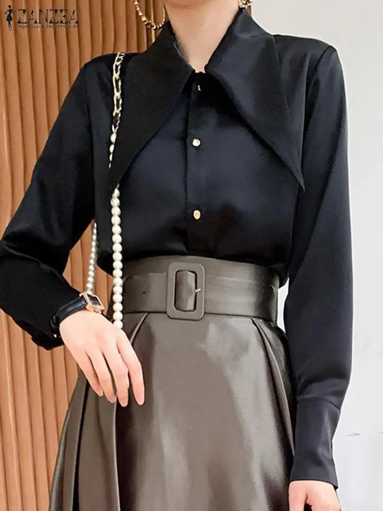 

ZANZEA OL Long Sleeve Black Tops Large Lapel Casual Shirts Satin Autumn Chemise Chic Elegant Korean Fashion Button Women Blouses