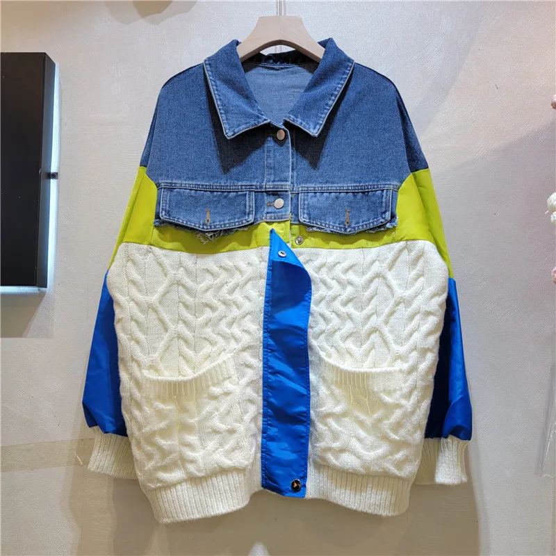 

SuperAen Stitched Sweaters Cardigans Women's Autumn and Winter 2022 Loose Korean Design Color Matched Knitted Cardigan