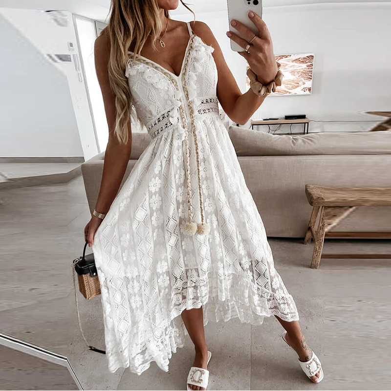 

Fashion Elegant Lace Off Shoulder Sling Sling Dress Solid Color V Neck Spaghetti Straps Lace Party Dresses Summer 2022 Women's