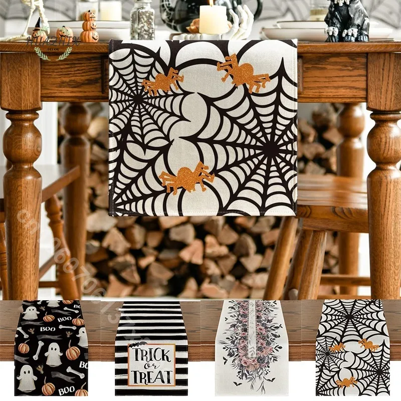 

2023 Halloween Table Runner Vintage Kitchen Living Room Placemat Washable Tablecloth Pumpkin Ghost Dining Tables Flag Decoration