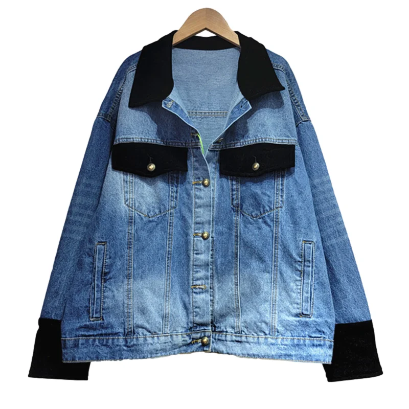 

Spring Autumn Korean Patchwork Denim Jacket Coat Women Loose Short Cowboy Outerwear Big Pocket Long Sleeve Jeans Jackets Female