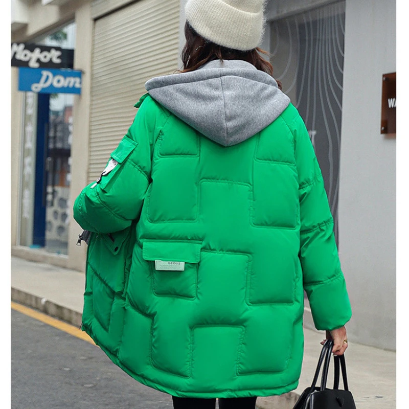 Winter Warmth Women Mid-length Cotton Coat Fake Two-piece Hooded Padded Jacket Korean Fashion Loose Big Pocket Thicken Designer