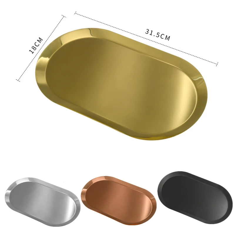 Oval Golden Storage Tray Stainless Steel Desktop Metal Dishes Cosmetic Jewelry Dessert Tea Plate Home Decoration |