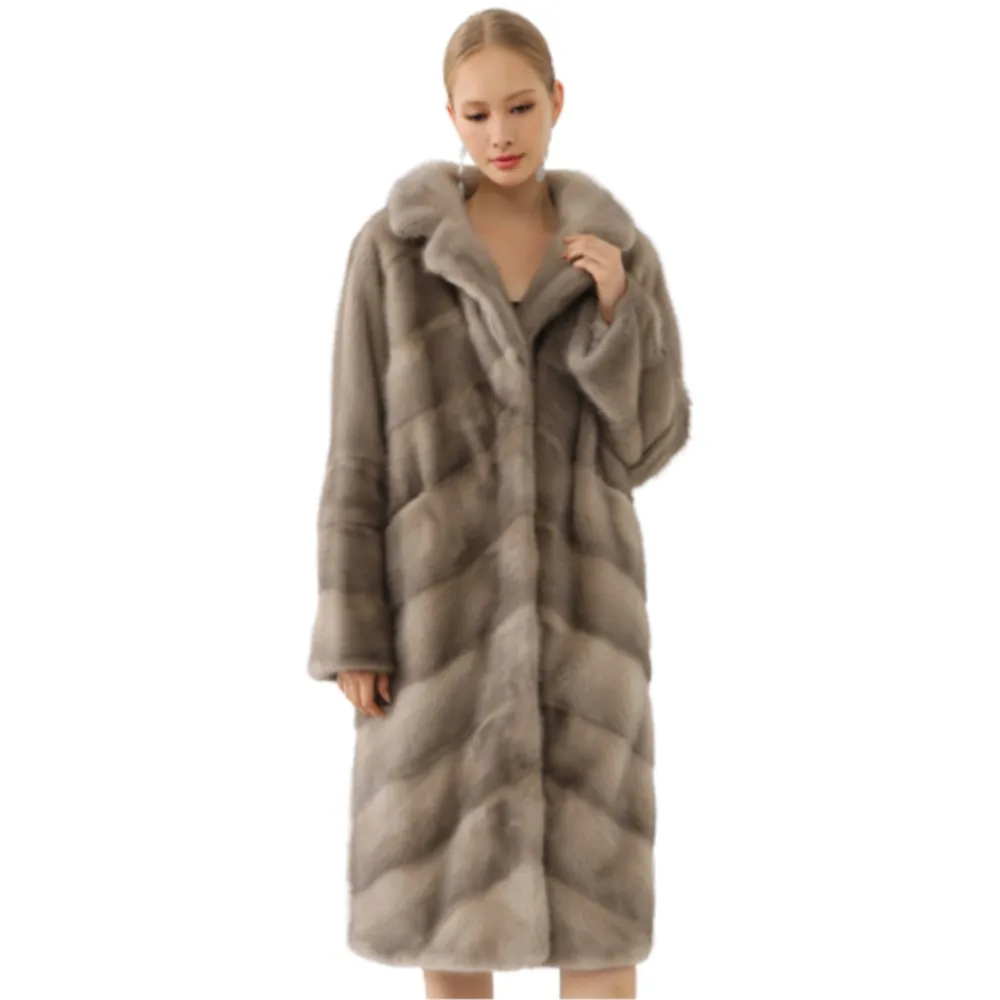 Women Winter Luxury Real Mink Fur Coat Female Genuine Leather Mink Coats Lady Turn-down Collar Lengthen Natural Fur Coat X-large
