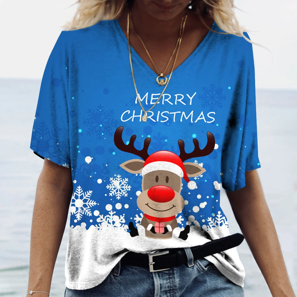 

Summer New Women's V-neck Top Short Sleeve T-shirts 3D Christmas Elk Print Casual Fashion Street Fashion Dress Y2K European Size