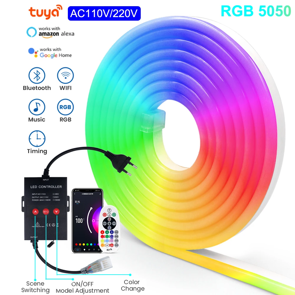 Светодиодная лента Tuya Smart RGB 5050, неоновая лампа с поддержкой Wi-Fi, Bluetooth, 110 В переменного тока, 220 В