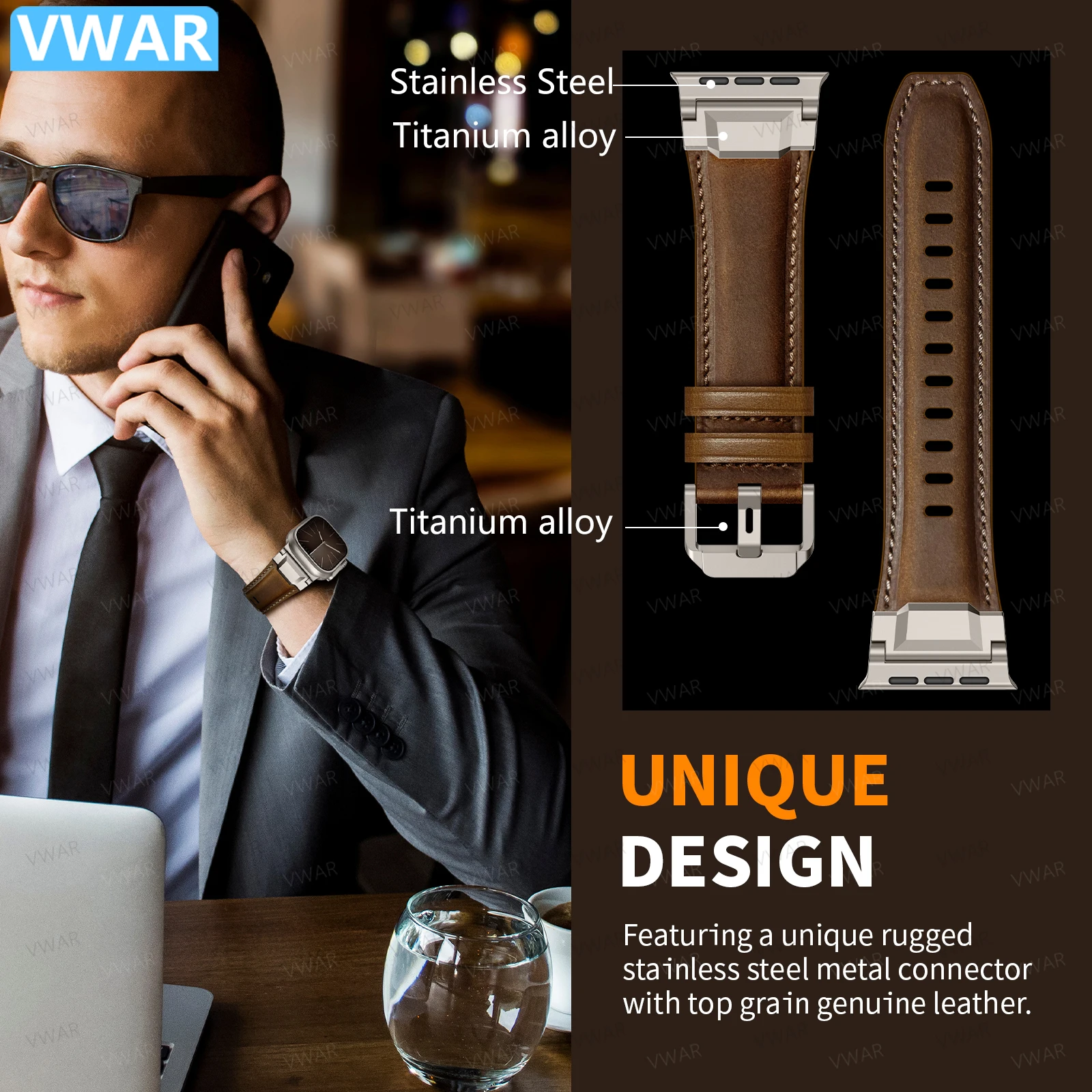 Фото Ремешок VWAR TOP из натуральной кожи для Apple Watch Ultra 3 2 49 мм, титановый разъем для iWatch Series 11 10 9 8 7 SE 46 мм, 45 мм, ремешок №2