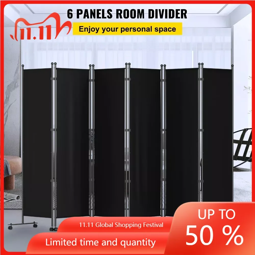 

6 Panel Room Divider 6 FT Rolling Privacy Screen 121“W X 14”D X 73“H Freestanding Office Partition With Lockable Wheels Paravent