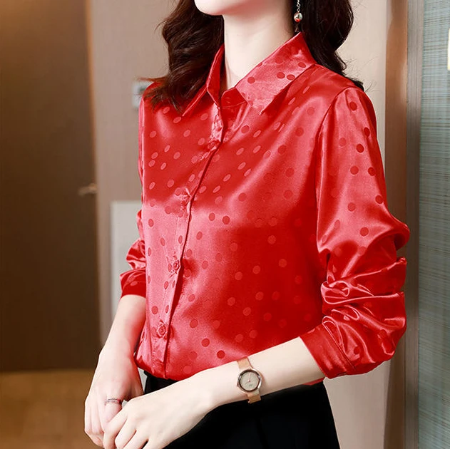 Polka dot satin shirt women's autumn 2021 new design sense blouse fashionable loose white long-sleeved shirt