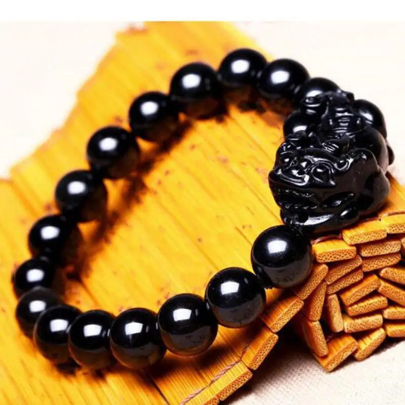 

Natural Gemstone Obsidian Fortune Pixiu Bracelet Men Women Pulsera Fengshui Wealth Brave Troops Obsidian Crystal Amulet Bracelet