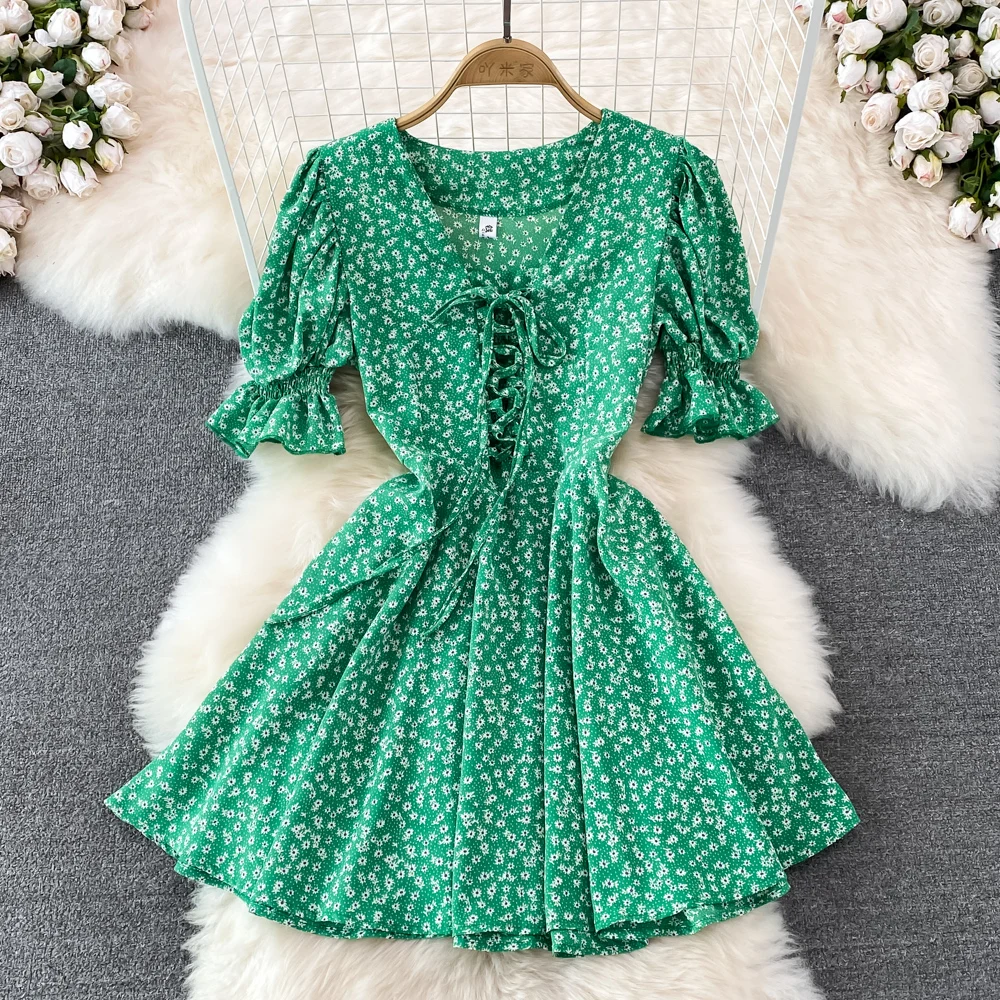 

Летнее платье 2022, черные/синие мини-юбки, зеленые бандажные платья с пузырьковым рукавом, Милая юбка-трапеция с принтом, кружевные платья