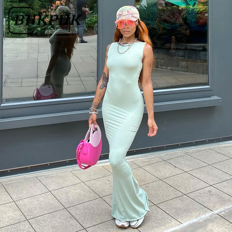 

BIIKPIIK Consice Casual Style Women Maxi Dress Solid Round Neck Bodycon Backless Robe Streetwear Outfits Trumpet Dresses Elegant