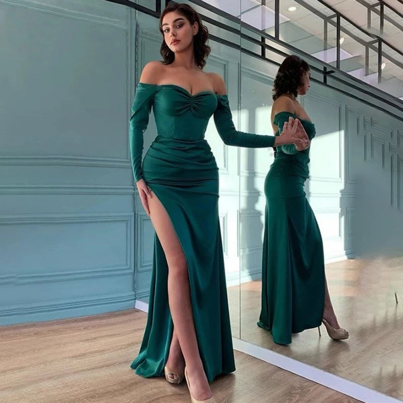 

Robes Dark Green Strapless High Split Long Sleeve Buttocks Slim Mermaid Party Evening Dress Backless Fashion Vestidos De Noche