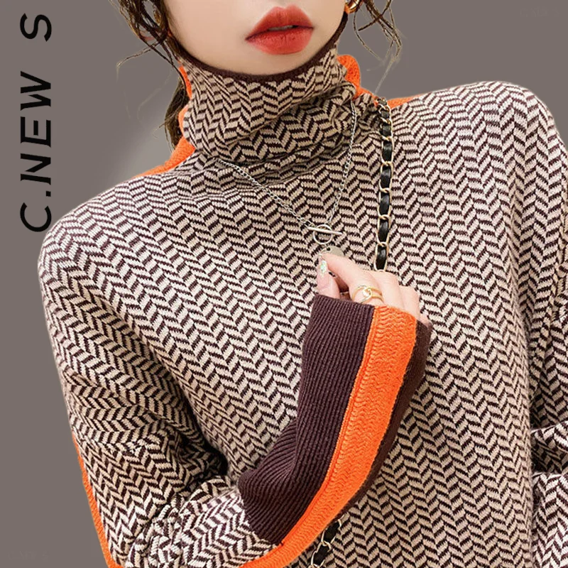 

C.New S вязаный осенне-зимний женский свитер, Женский Повседневный вязаный свитер с высоким воротником, простой пуловер, топы