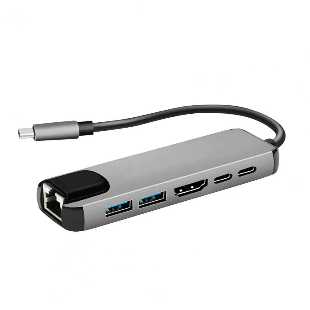 

USB-C Hub Portable Multi-port 6-in-1 Type-C Adapter with 4K HDMI-compatible RJ45 Ethernet Lan for Laptop