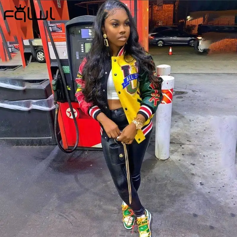 

Fqlwl Fall Winter Print Patchwork Geel Jassen Voor Vrouwen 2021 Lange Mouwen Varsity Jacket Knoppen Losse Baseball Jas Vrouwen