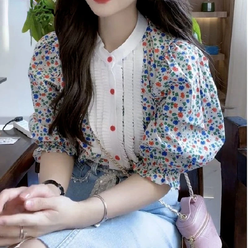

Blouse Women O-neck Puff Sleeve Floral Shirts 2022 Blusas De Mujer Summer Tunic Blouses Korean Chic Tops Female 27f532