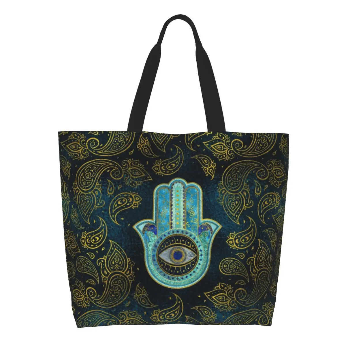 

Fashion Printed Hamsa Hand With Paisley Background Tote Shopping Bags Washable Canvas Shopper Shoulder Amulet Handbag