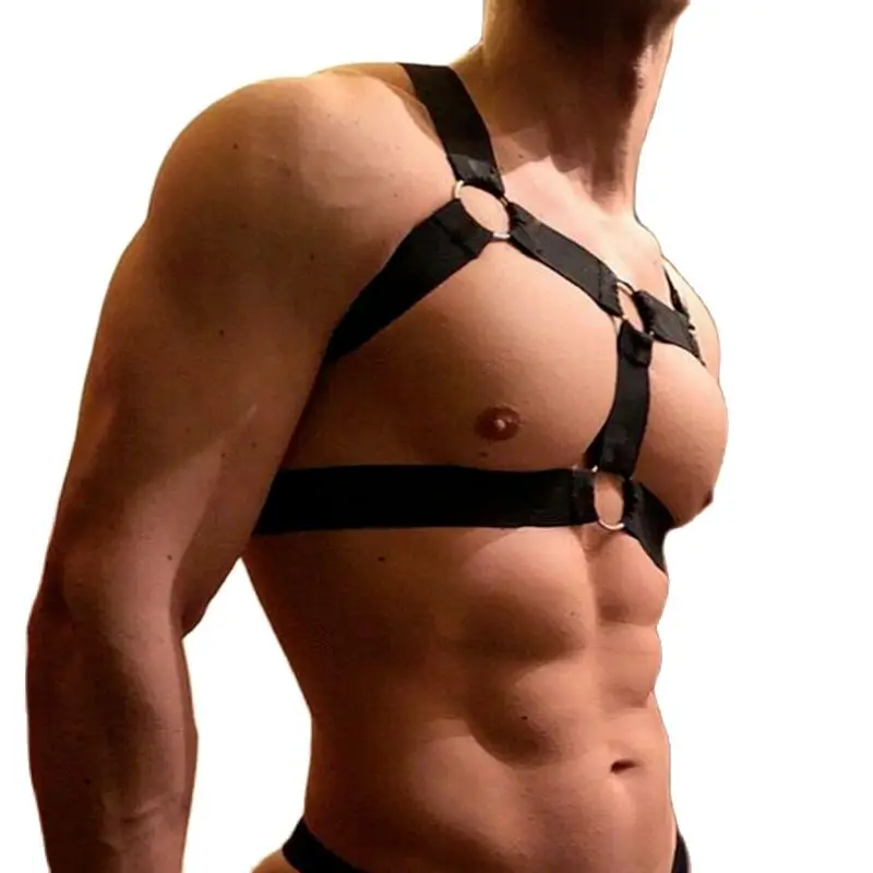 

Men Strap Costume Sexy Shoulder Bondage Chest Lingerie Metal Ring Elastic Belt Erotic Hombre Hollow Steel ring binding band