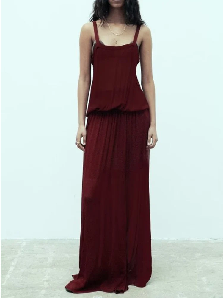 

Женское плиссированное платье на бретельках Kumsvag, однотонное шифоновое элегантное платье макси с оборками, одежда для улицы на лето 2023