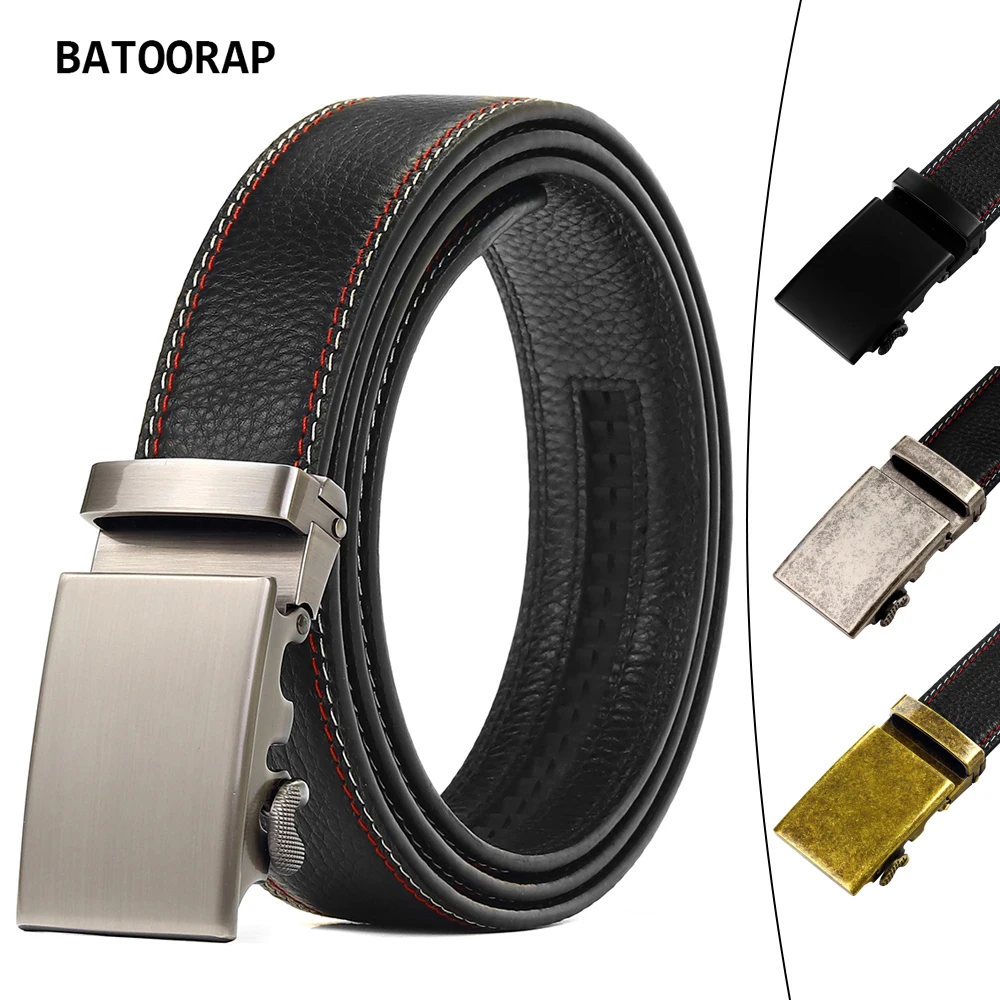 BATOORAP Belt for Men Black Quality Real Cow Leather Alloy Automatic Buckle Fashion Luxury Trouser Strap Belt Male 110cm-130cm