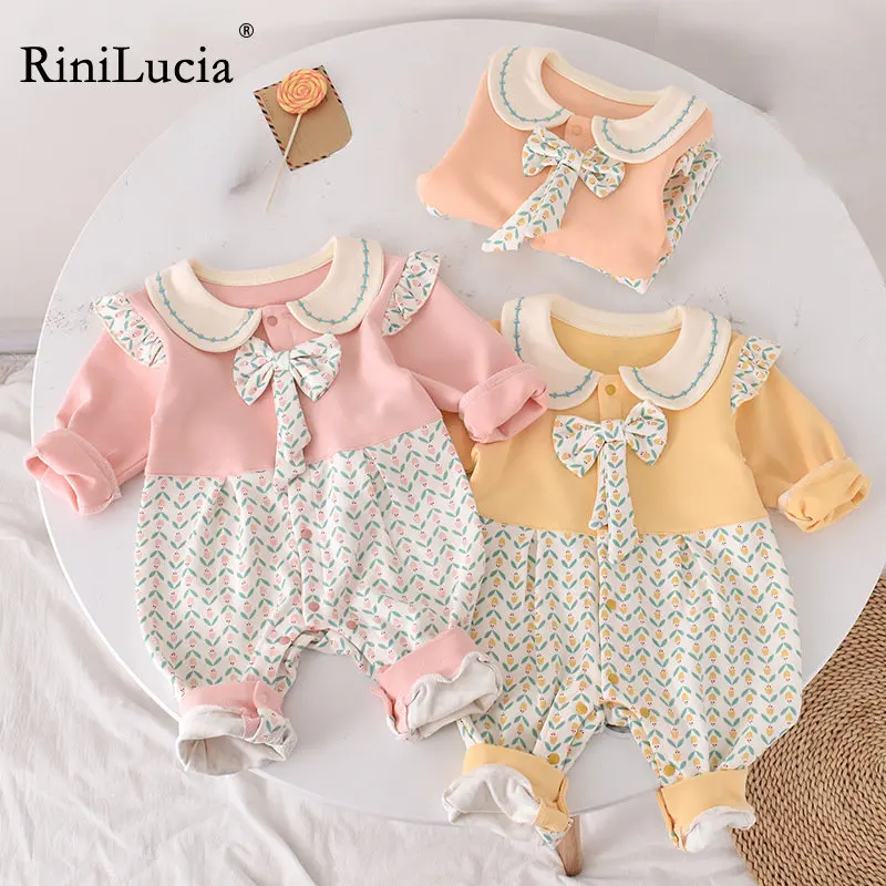 

RiniLucia Infant Baby Girls Jumpsuit One Piece Outfit Bowknot Cotton Long Sleeve Romper Autumn Winter Baby Girls Clothing