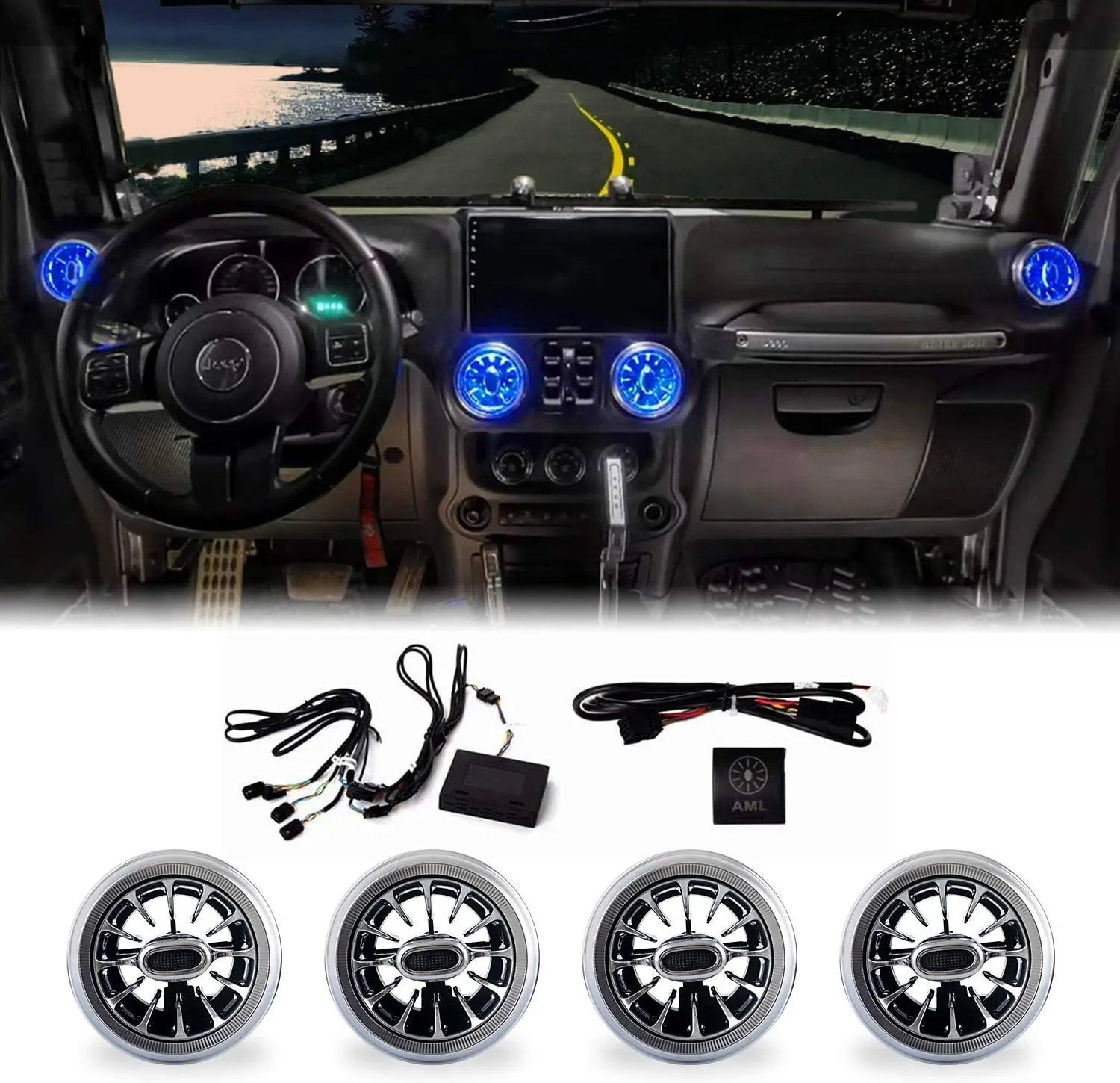 4Pcs Atmosphere Lamps 32 Colors Ambient Lights Turbine Outlets Lamp Air Conditioner Covers for 2011-2017 Jeep Wrangler JK JKU