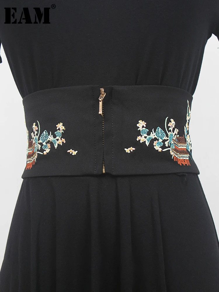 

[EAM] Black Embroidery Zipper Elastic Wide Belt Personality Women New Fashion Tide All-match Spring Autumn 2023 1DE9879