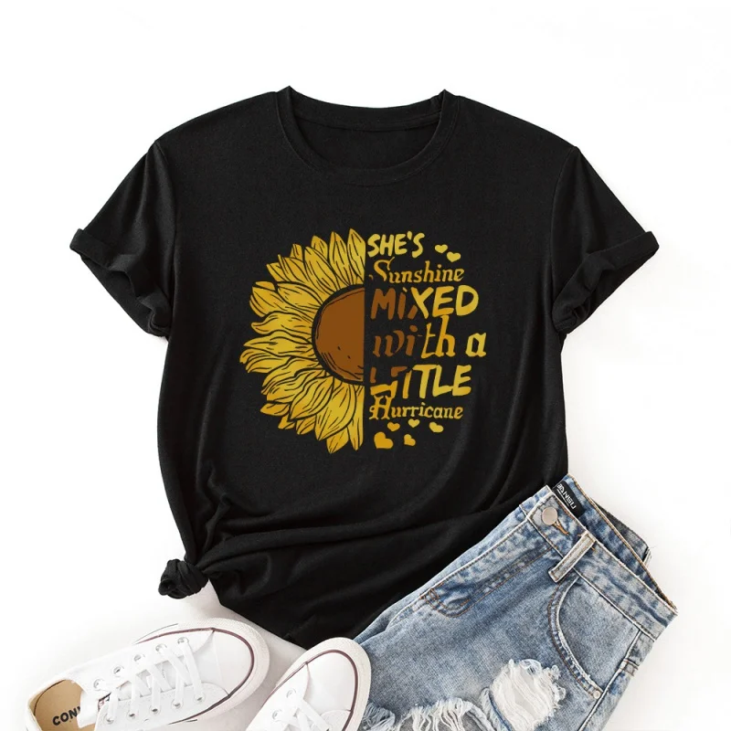 

Women's large size casual ladies tops plant floral print letters flowers loose round neck short sleeve T-shirt women