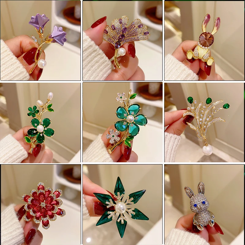 

OKILY Beautiful French Retro Green Purple Crystal Snowflake Brooches Women's Luxury Atmospheric Pearl Flower Zircon Brooch Pins