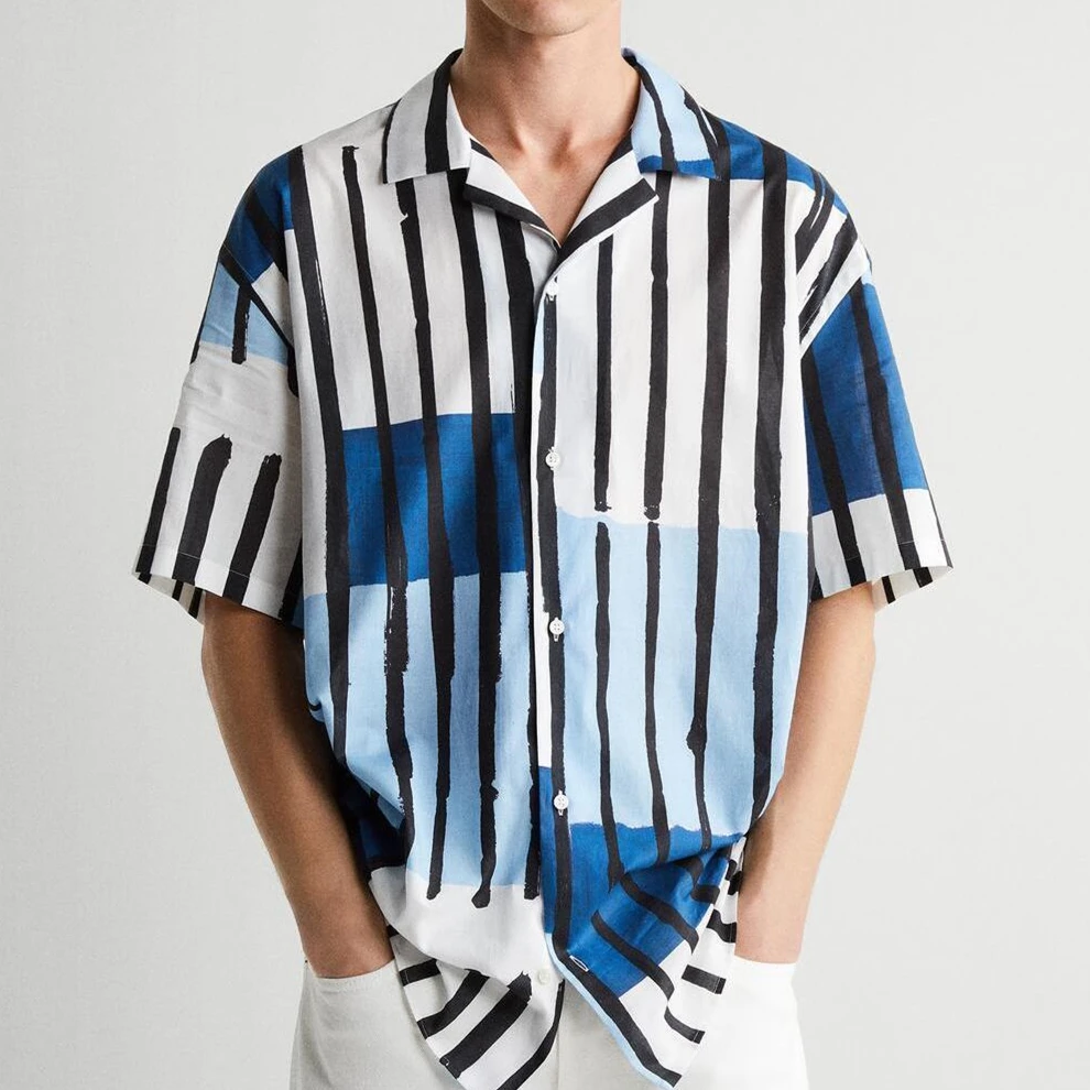 

2022 Hawaiian Beach Fashion Cuban Collar Blue Striped Button Up Shirt Men Women Loose Large 2XL Casual Tops Korean Fashion Male