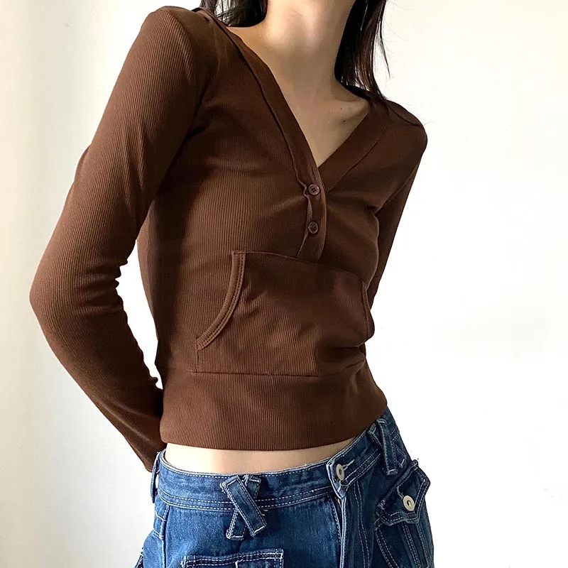 

Hoody Vintage T Shirt Women V Neck Pocket Patched Long Sleeve Pullover Crop Top Korean Cute Harajuku Black T-shirt 90S