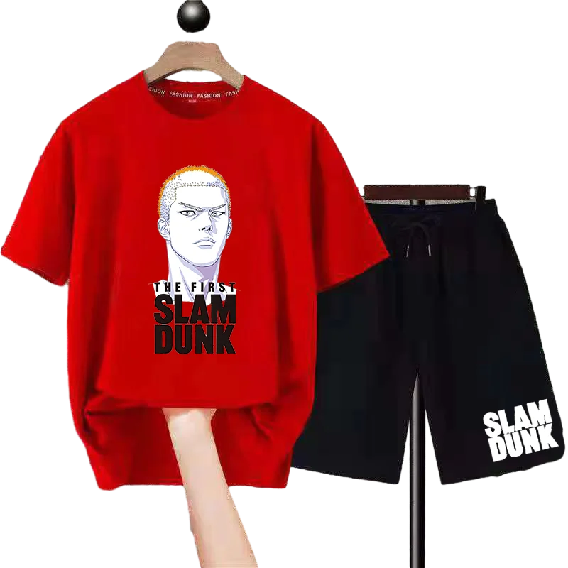 Mens Sets Summer Casual Suit with Slam Dunk Print Japanese Anime T-shirt and Shorts Short Sleeve Design for Outdoor Activities